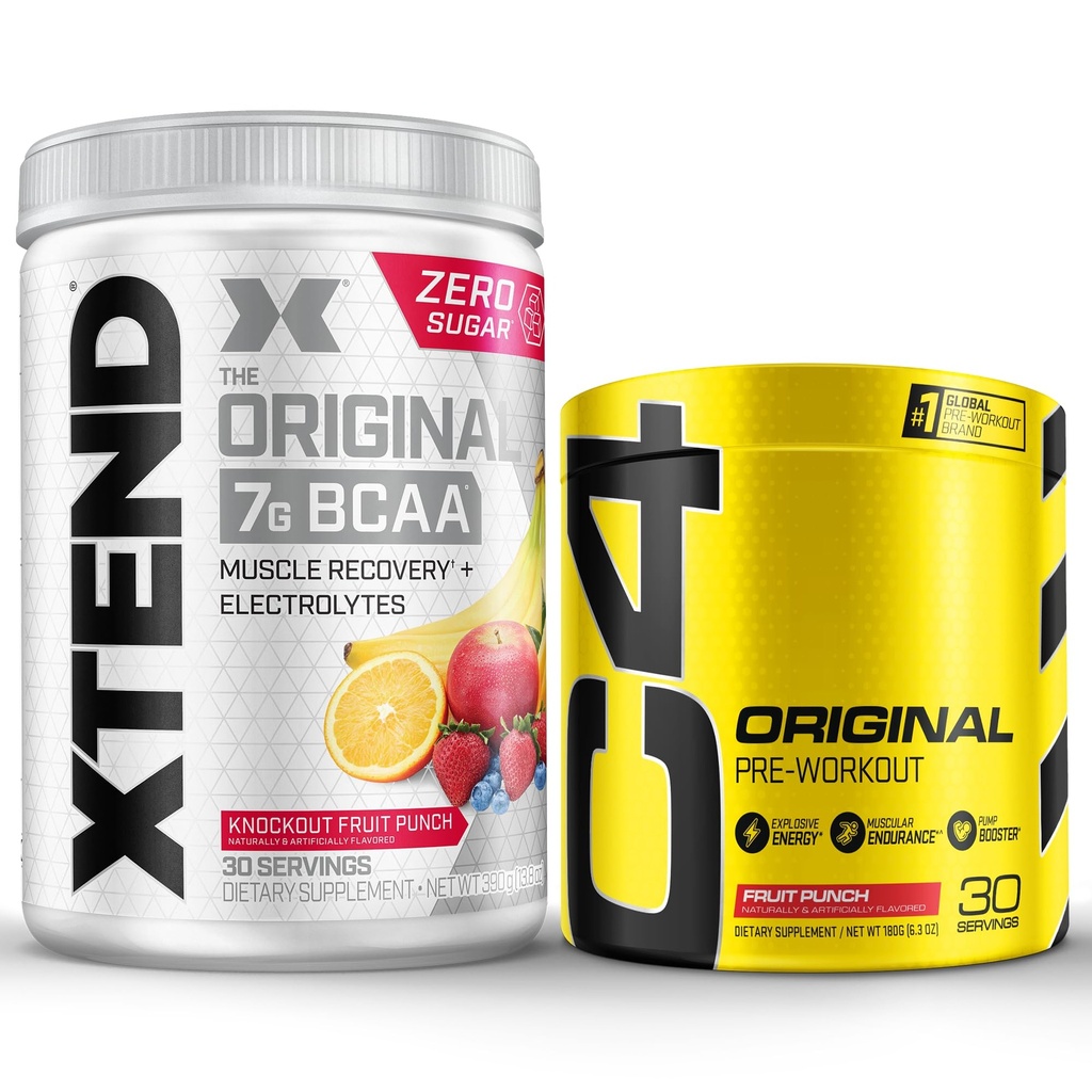 Cellucor Pre Workout & BCAA Bundle, C4 Original Pre Workout Powder, Fruit Punch, 30 Servings + XTEND BCAA Powder, Knockout Fruit Punch, 30 Servings