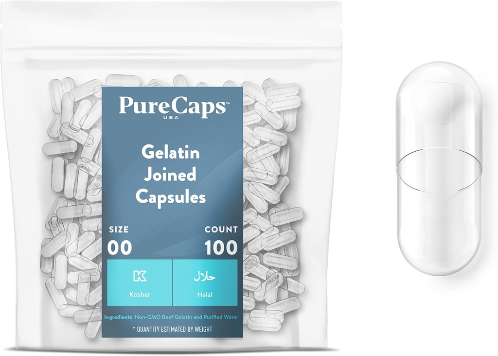 PureCaps USA - Boş Gelatin Capsules Boyutu 00| 100 Joined Pills| Clear| Non-GMO Certified| SLS, Gluten, Preservative Free Free Free