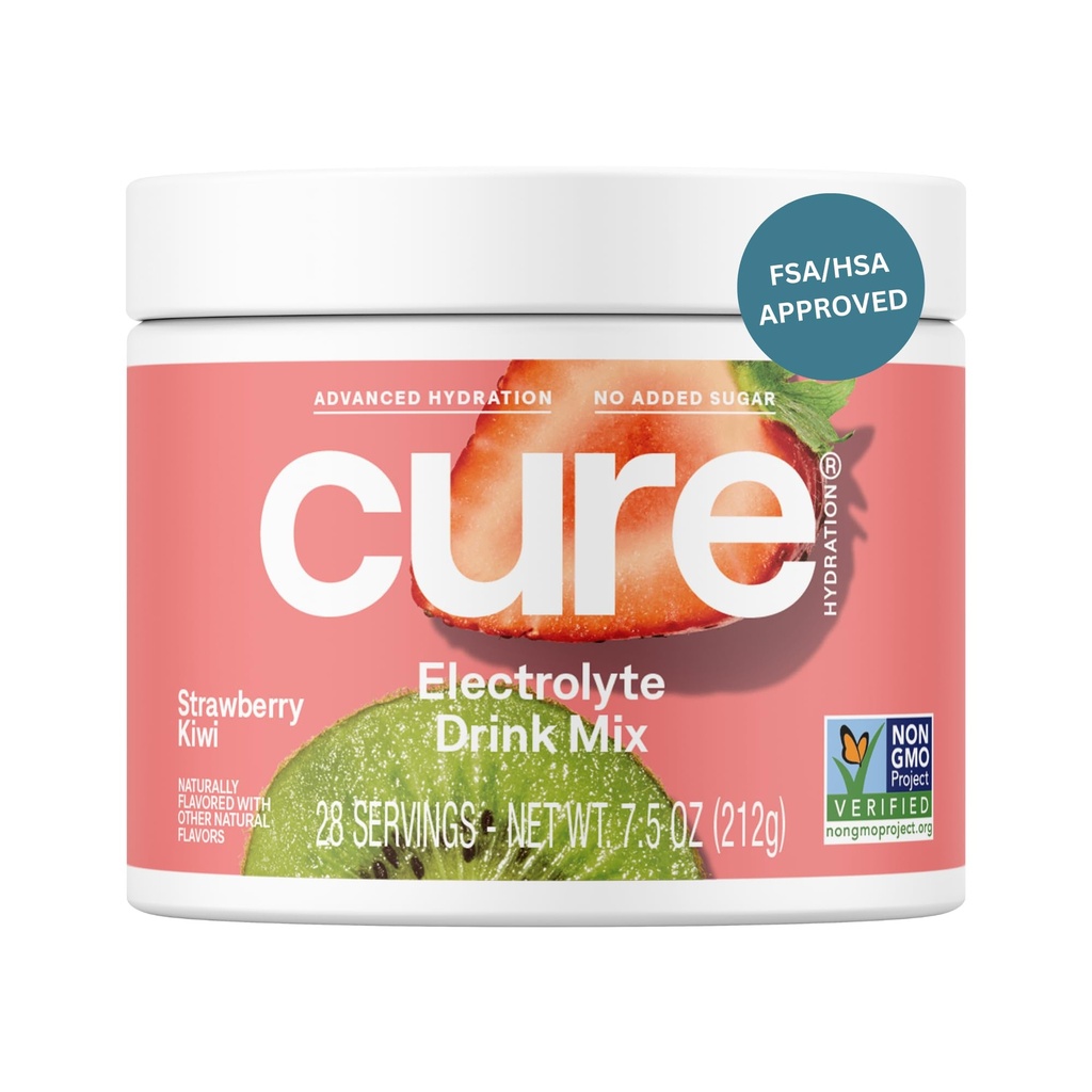 Cure Hydration | Plant-Based Electrolyte Drink Mix | Nodrew Sugar | FSA-HSA | Dehidrasyon Yardımı Tuvalet Su ile Yapıldı | Non-GMO | Vegan | 28 Servisler Jar - Strawberry Kiwi