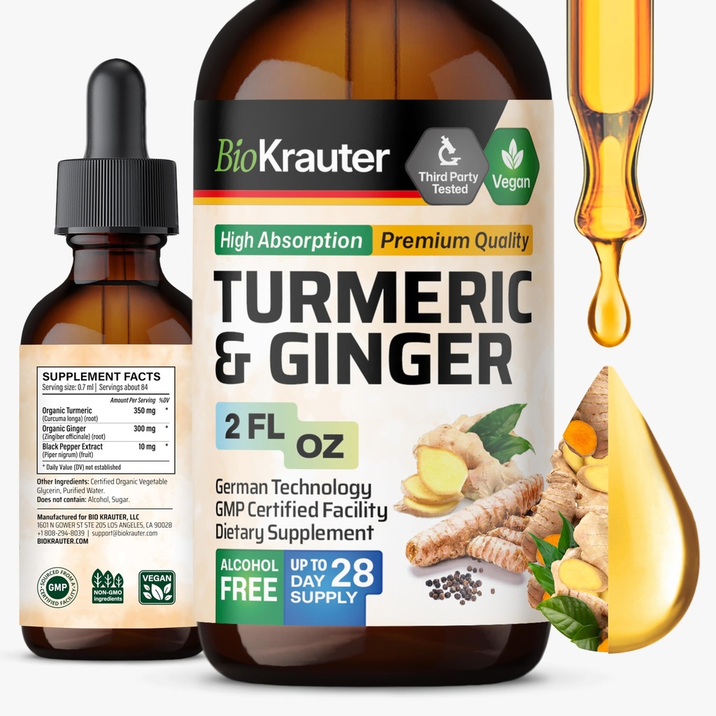 BIO KRAUTER Turmeric ve Ginger Supplement Tincture - Turmeric Curcumin Immune Support Drops - The Black Pepper - Vegan Formula - 2 Fl.Oz.