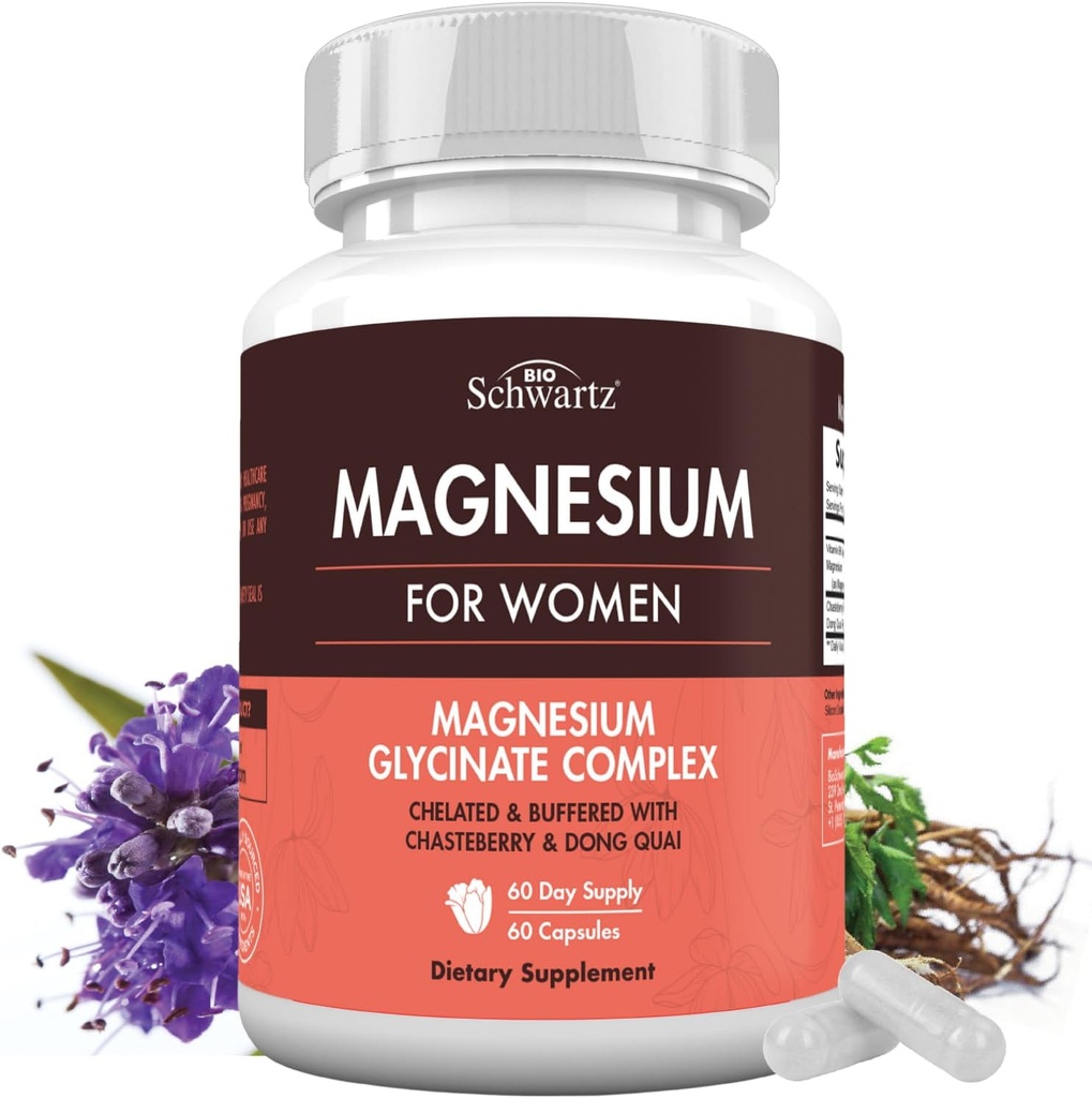 4-in-1 Magnezyum Bisglycinate Supplement for Women - Magnezyum Kompleksi with Chasteberry, Dong Quai & Vitamin B6 for Stress Relief, Better Sleep, Nerve, Bone & Muscle Support - 60 Capsules