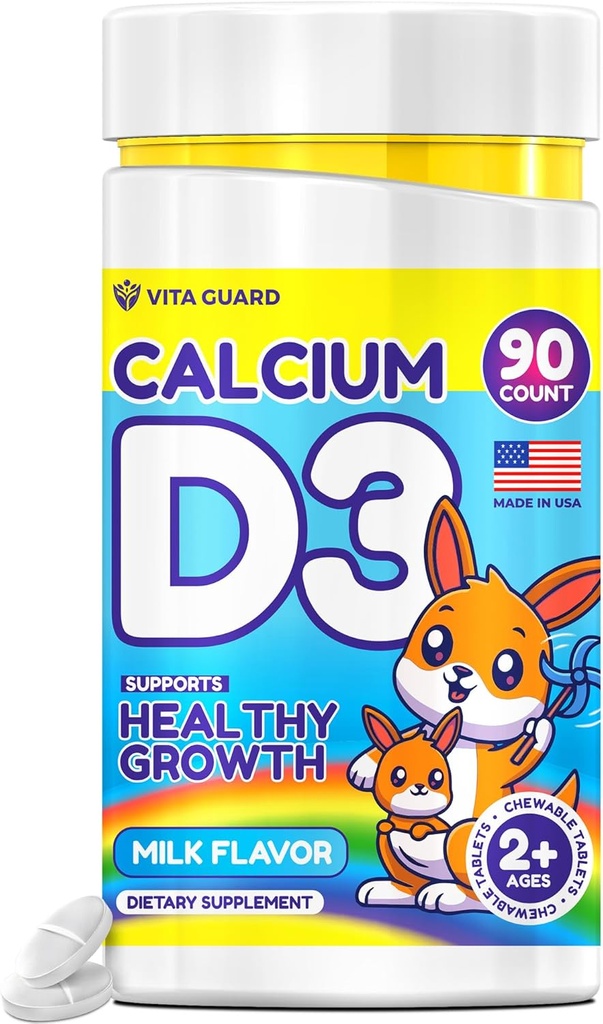 Çocuklar için B3 Chewable Tabletler - 640 mguba & 320 IU Vitamin D3 – Non-GMO, Milk Flavor – Bone & Teeth Support Supplement – 90 Tabletler için 2++