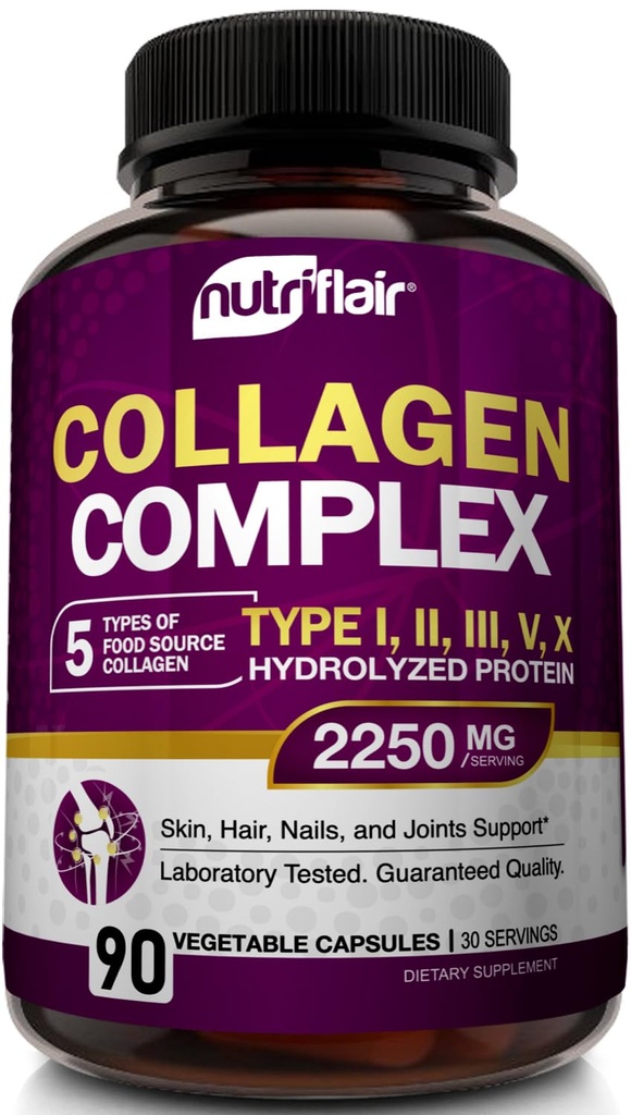 NutriFlair Multi Collagen, 2250 mg, 90 Capsules - Tip I, II, III, V, X - Kolajn Supplements Kompleksi Kadınlar ve Erkekler için Tozlu Protein, Sağlıklı Saç, Skin, Nails - Non-GMOMO