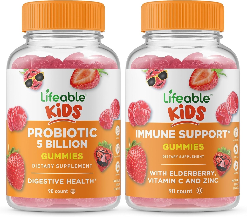 Lifeable Probiyotiks 5 Milyar Çocuk + Immune Support Kids, Gummies Sche - Great Tasting, Vitamin Supplement, Gluten Free, GMO Free, Chewable Gummy