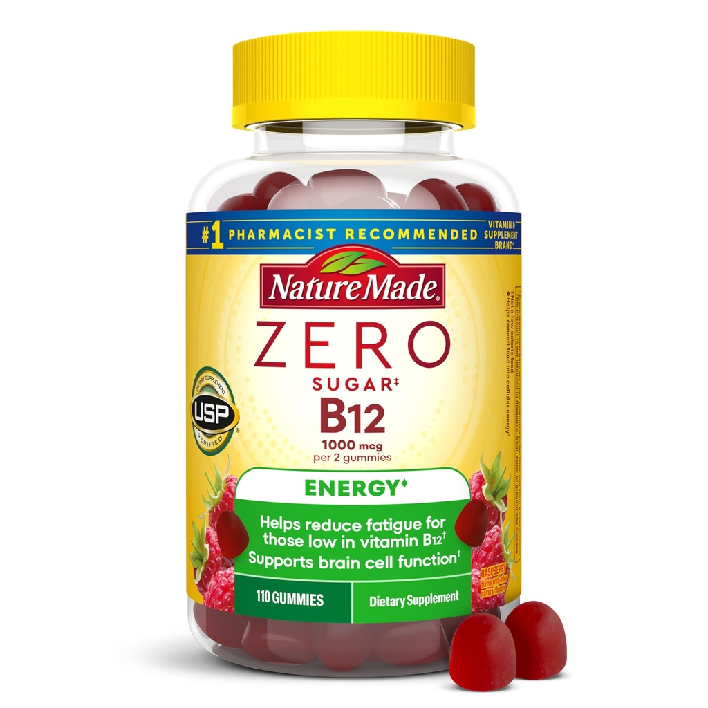 Nature Made Zero Sugar Energy Vitamin B12 Gummies 1000 mcg per Service, B12 Vitaminler, Enerji Metabolism Desteği, Aspartame Free, 110 Sugar Free Gummies, 55 Day Supply