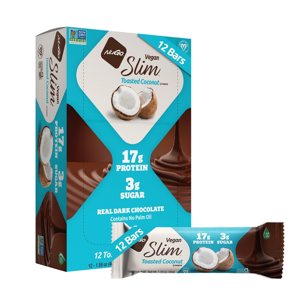 NuGo Slim Dark Chocolate Tosted Coconut, 16g Vegan protein, 3g Sugar, 7g Fiber, Low Net Carb, Keto Friendly, Gluten Free, 12 C C C C