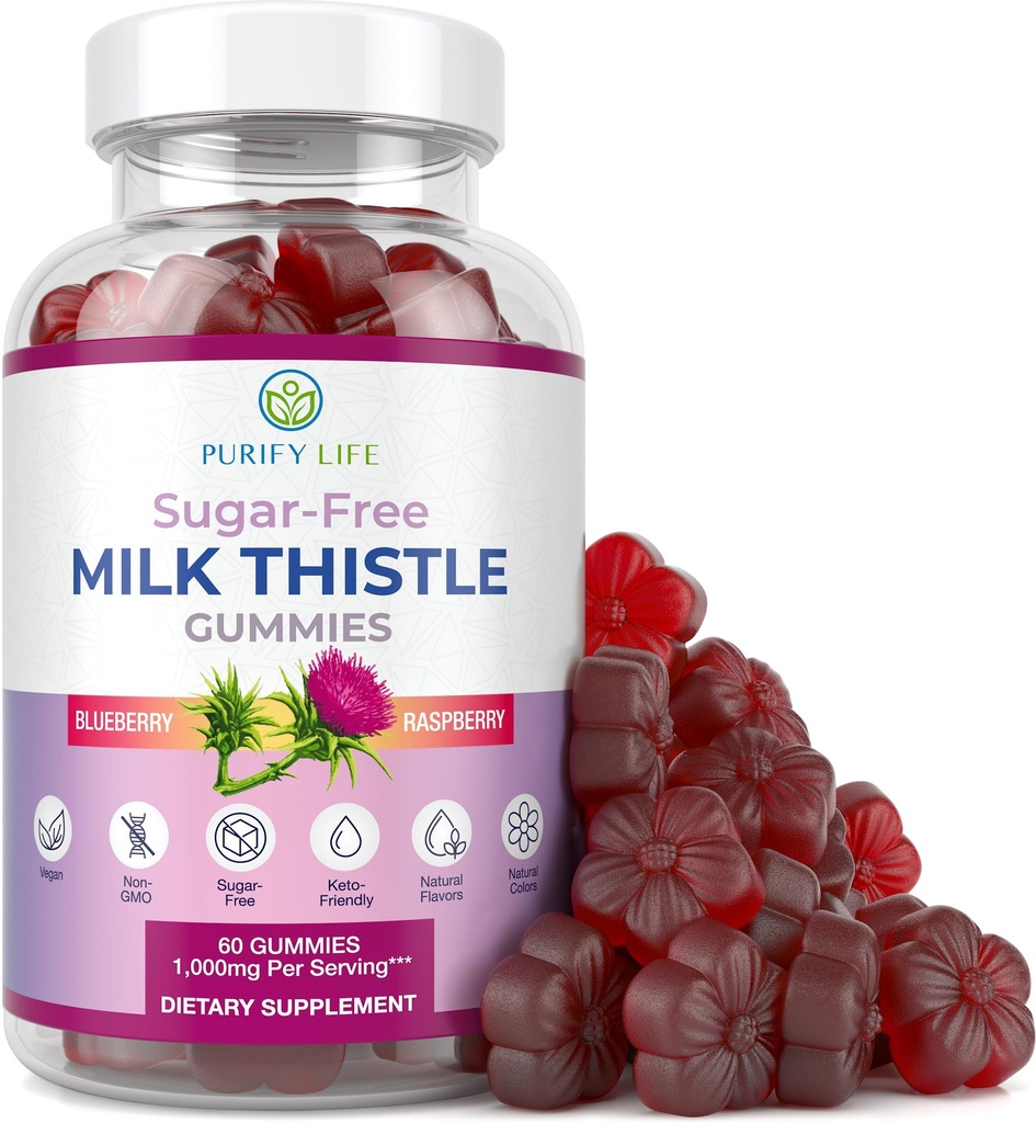 Sugar-Free Milk Thistle Gummies for Liver Cleanse Detox & Repair (Natural Blueberry-Raz Flavor) Cardo Mariano, Cleansing Milk Thistle Supplement, Antioxidant Support, Vegan, Replaces Pills & Capsules