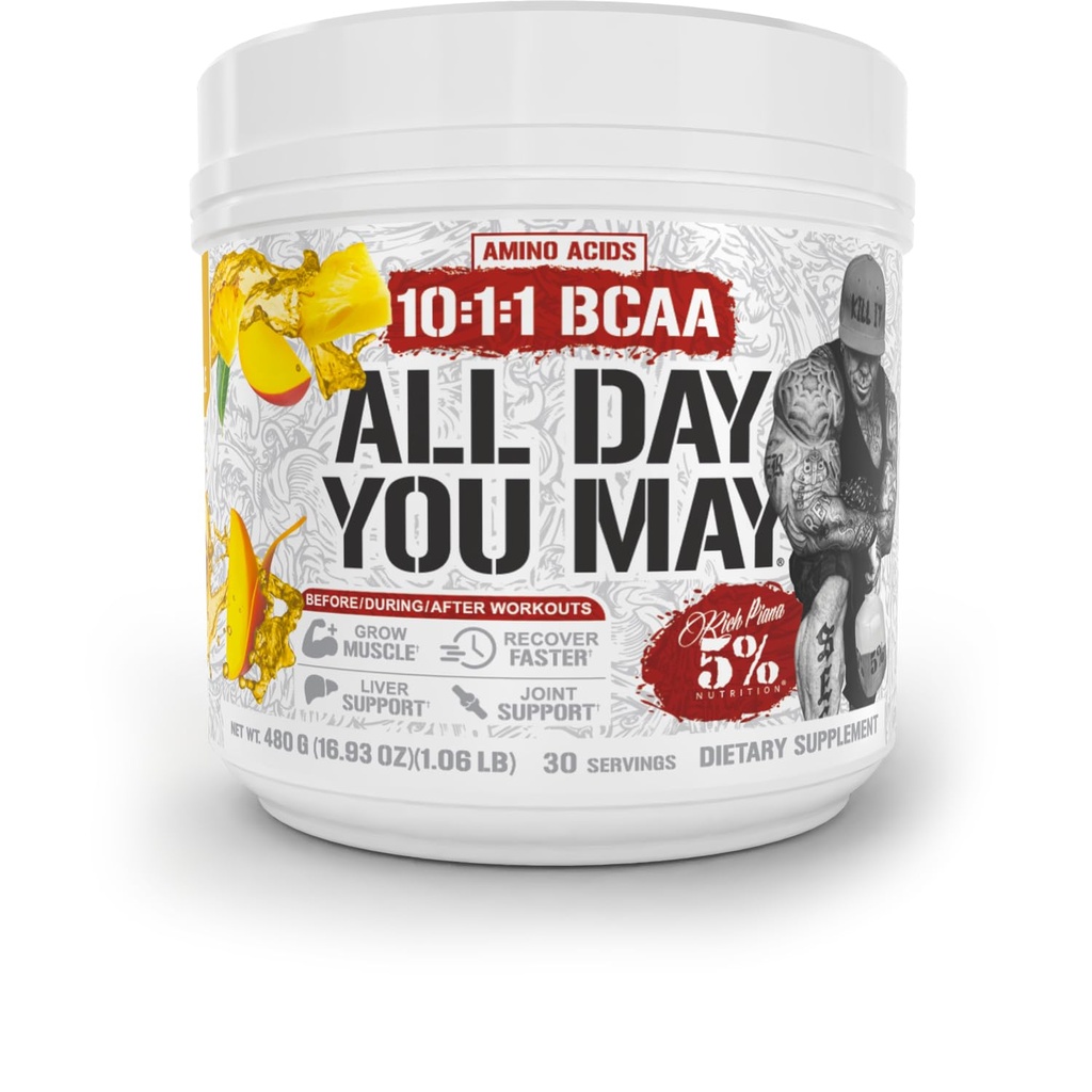 % 5 Beslenme Zengin Piana AllDayYouMay BCAA Toz | Premium Intra & Post Workout Platinum Acids, Hydration, Endurance, Muscle Recovery, Ortak & Liver Support | 16.93 oz, 30 Hizmet (Mango Pineapple)
