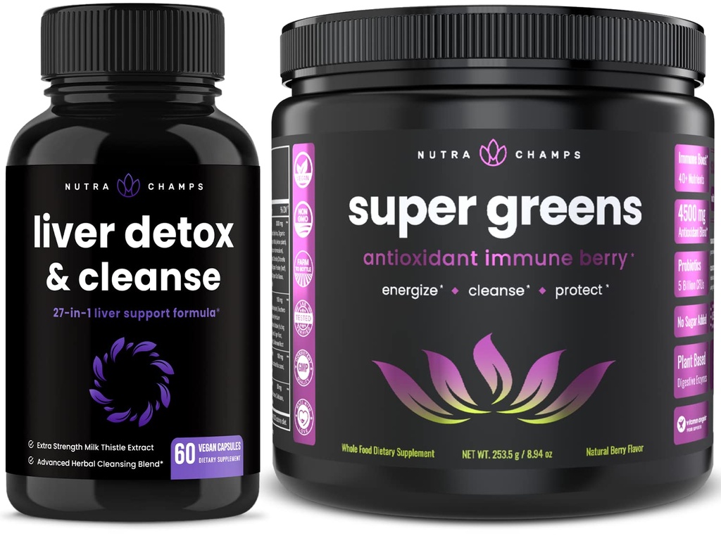 NutraChamps Liver Cleanse Detox Capsules ve Super Greens Antioksi Superfood Toz Sche