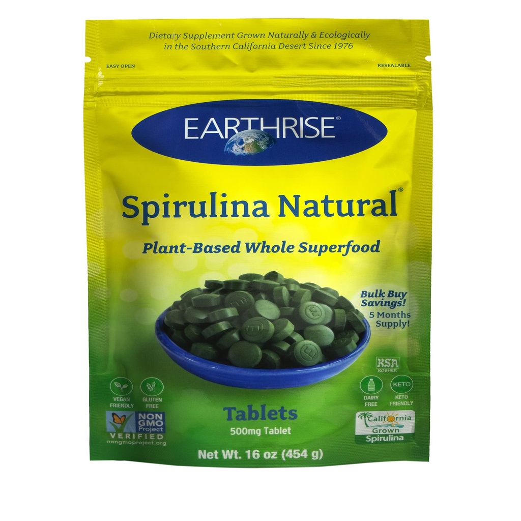 Dünyarise Spirulina, Pure Californian Spirulina 500 mg, Vegan, Gluten Free, Keto Friendly, Non -GMO Super Food yüksek in Vitamins & Minerals, 1 LB Tabletleri (150 Hizmet)