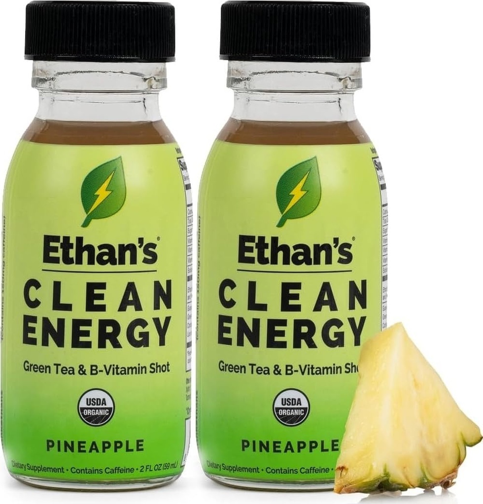 Ethan's Organic Clean Energy Shots Pineapple, 2 Pack of 2oz | 150mg Caffeine | Green Tea, Guayusa, Lion's Mane & Cordyceps | Sugar-Free, Vegan, Gluten-Free, USDA Organic