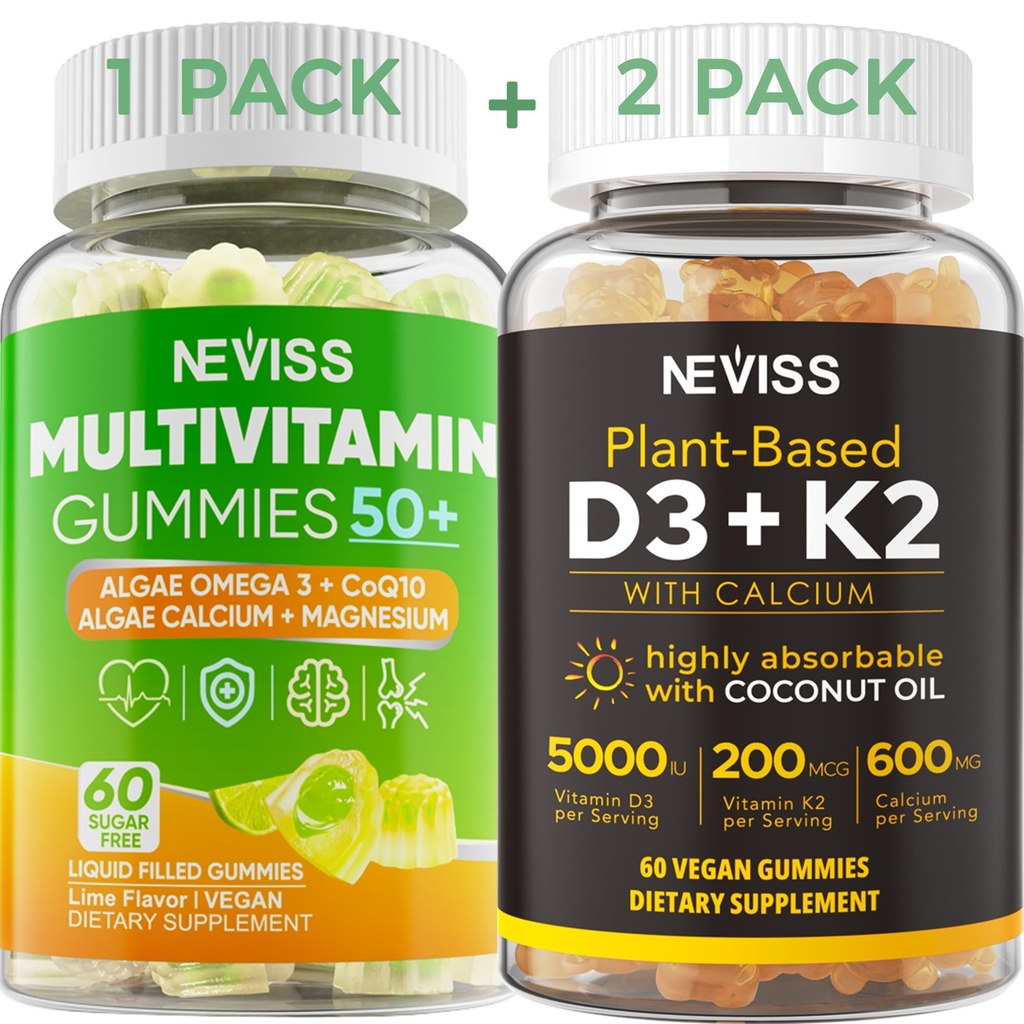 NEVISS 50+ Günlük Gummy Multivitamin Algae Omega 3 & Food, CoQ10, Magnezyum + Vitamin D3 5000IU Gummies 125mcg ile 600 mg, K2 (MK7) 200