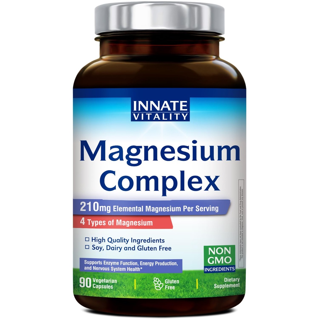 Innate Vitality Magnezyum Kompleksi - Magnezyum Glycinate, Malate, Citrate, Oksit, 4-in-1 Energy, Bones & Nerves, Vegan & No Gluten, 90 Capsules