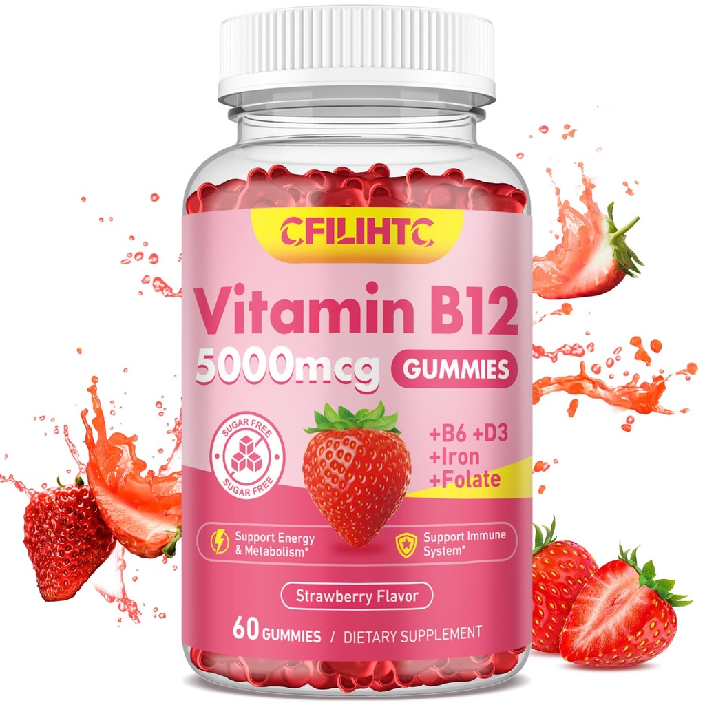 Kadınlar ve Erkekler için B12 Vitaminleri, 5000 ARAP B6, D3, Iron, Yetişkinler, Destekler Enerji & Metabolism Boost, Mood, Immune & Nervous System, Sugar Free Strawberry