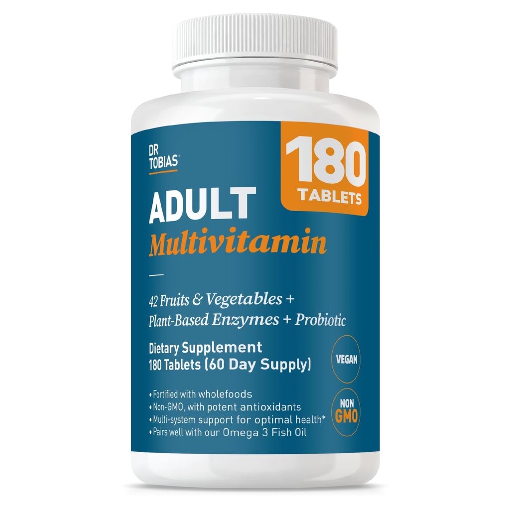 Dr. Tobias Kadınlar ve Erkekler için Multivitamin, 42 Meyveden Vitaminleri Destekleme, Sebzeler, Artı Probiyotikler, Erkekler ve Kadınlar için Vegan Multivitaminler, Non-GMO, 180 Tablet, 60 Hizmet