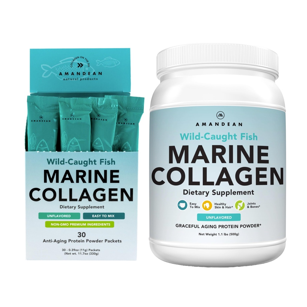 AMANDEAN Marine Collagen Duo. 500g Konteyner + 30 Seyahat Paketi. Hydrolyzed Fish Collagen. for Skin, Hair & Nails. Pescatarian, Keto & Paleo-Friendly, Unflavored