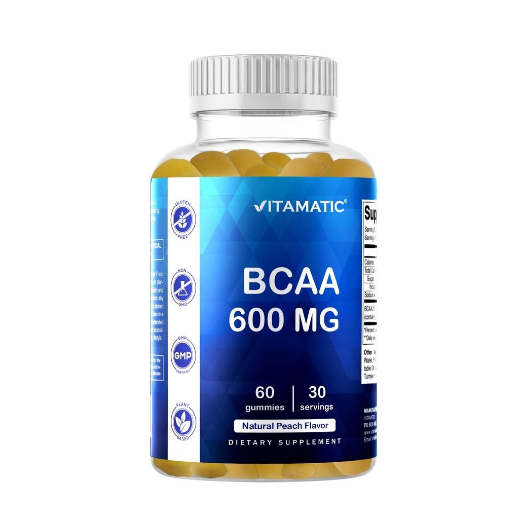 Vitamatic BCAA Gummies - Branş Zincirleri - Peach Flavor - Servis başına 600 mg - 60 Vegan Pectin Temel Gummies (1 Şişe)