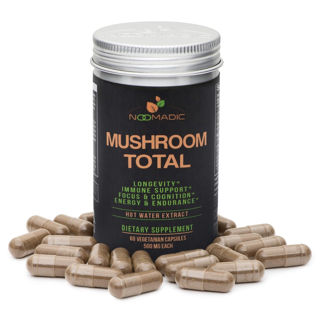 Noomadic Mushroom Total, 60 Capsules, 500 mg,% 30 Beta Glucans, Adaptojenik Mushroom Kompleks Aslanların Mane, Türkiye Tail, Chaga, Reishi, Cordyceps, Hot Water Extract, Fruiting Bodies.