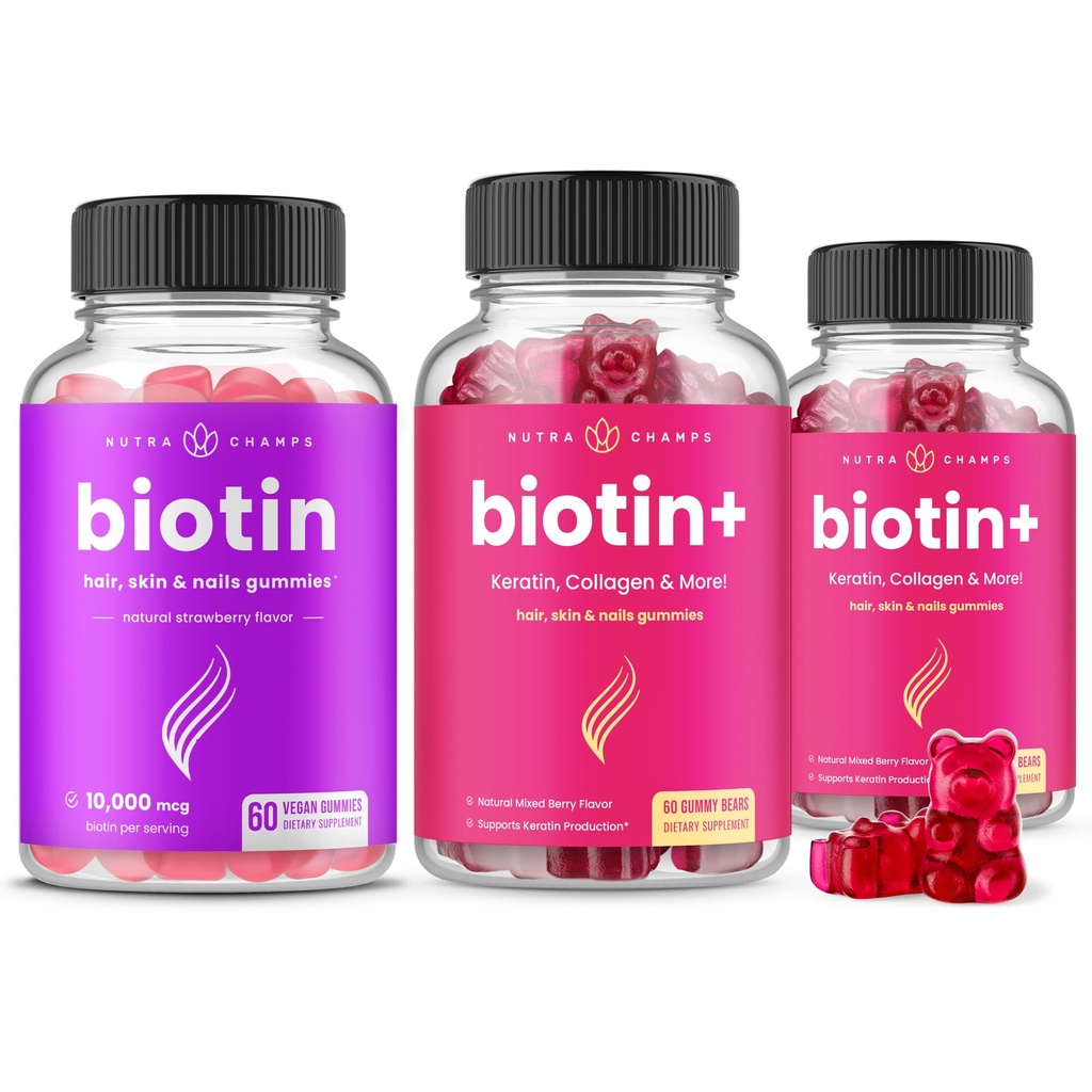 NutraChamps Saç, Skin & Nails için Biotin Log Tamamlıyor. Biotin & Biotin+