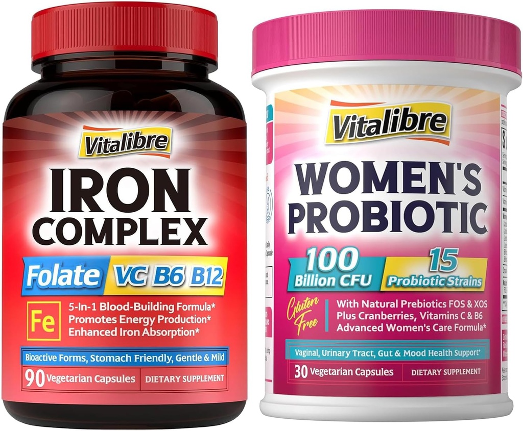 Kadınlar ve Erkekler için Demir Supplement 90Caps & Vitalibre Probiyotiks for Women 100 Milyar CFU 15 Strains