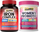 Kadınlar ve Erkekler için Demir Supplement 90Caps & Vitalibre Probiyotiks for Women 100 Milyar CFU 15 Strains