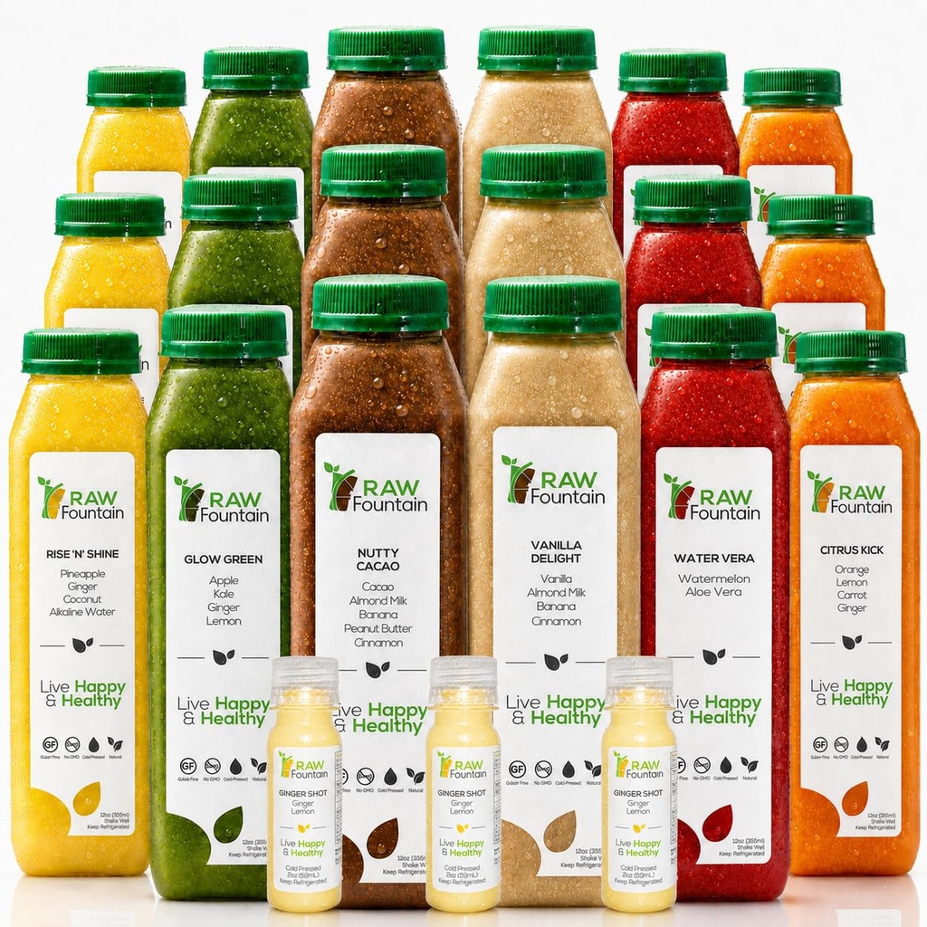 3 Günlük Protein Suyu Raw Fountain tarafından Temizlendi, All Natural Raw Detox Cleanse, Cold Pressed Meyveler, Sebzeler, Vanilla ve Chocolate Flavor, Tasty ve Enerjilendirme, 18 Şişe 12oz, 3 Ginger Shots