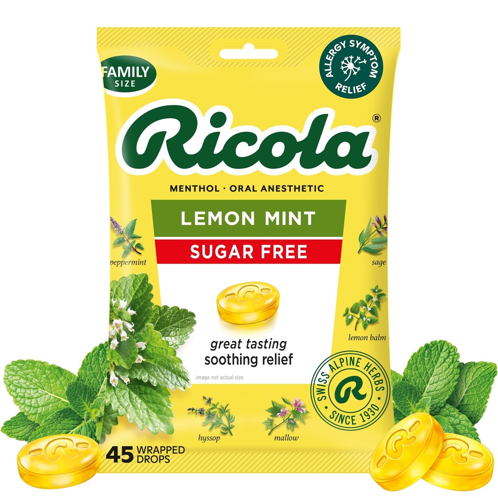 Ricola Sugar Free Lemon Mint Throat Drops, 45 Kont, Minor Throat Irritations, Oral Anesthetic