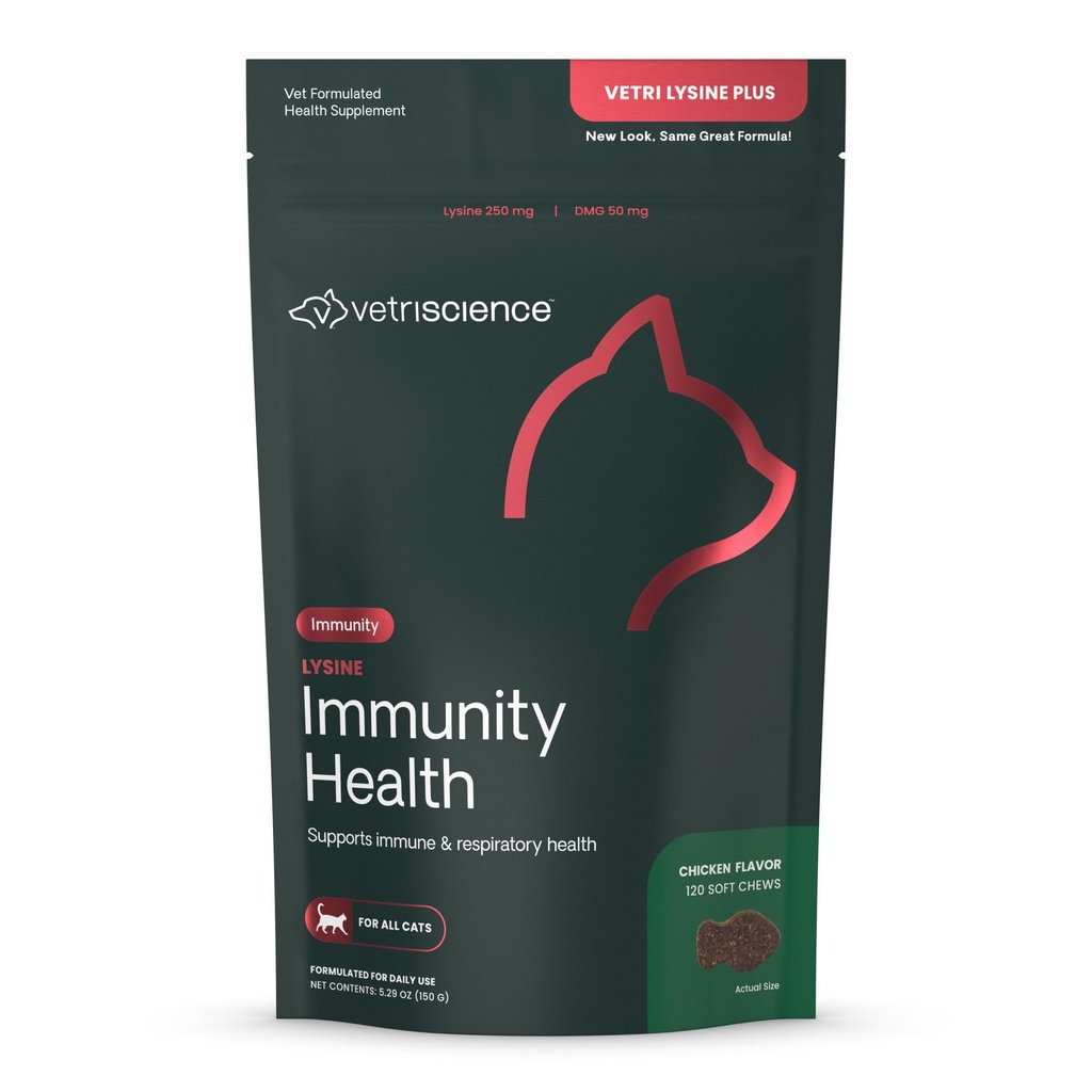 Vetri Science Lysine Immunity Health Chews, 250 mg Lysine Plus Immune Supplement for Cats and Kittens with Allergies, Sneezing, Runny Nose and Watery Eyes, Chicken, 120 Count