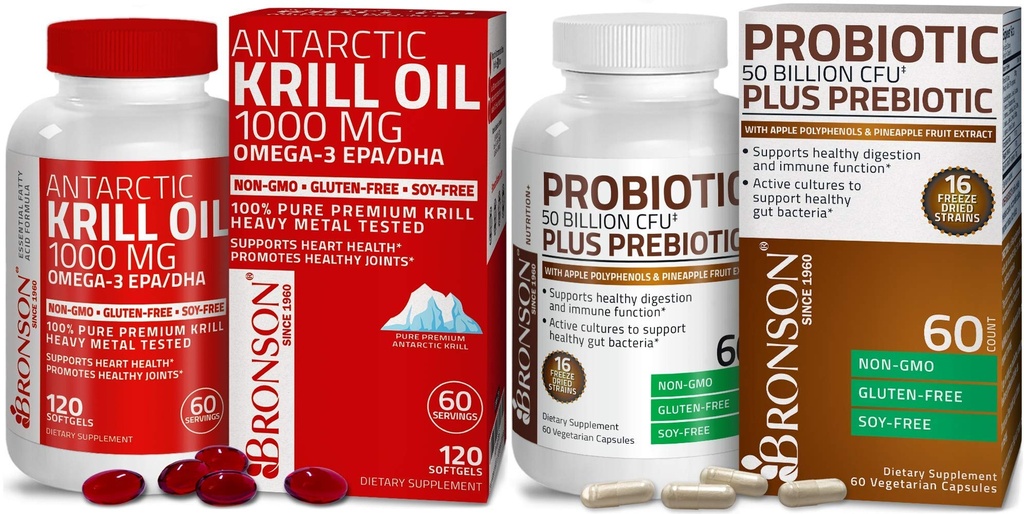 Bronson Probiyotik 50 Milyar CFU + Prebiyotik with Apple Polyols & Pineapple Fruit Ekstrac Antarktika Krill Oil 1000 mg with Omega-3s EPA DHA