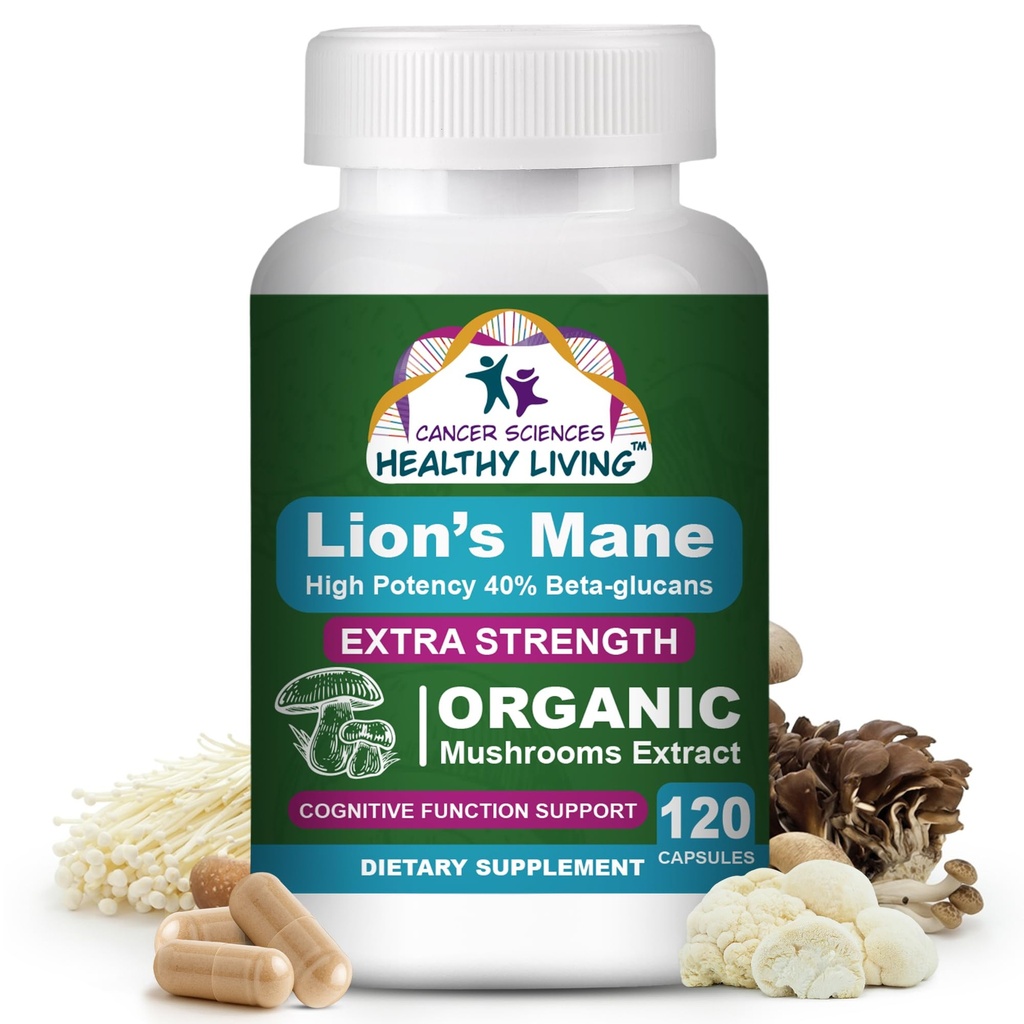Kanser Bilimleri Organik Lions Mane Mushroom Supplement Capsules for Men & Women - 1.500 mg Beyin Supplements for Memory & Focus - High Potency 40 Beta-Glucans - Nootropic Mushroom Kompleksi, 120 Kont