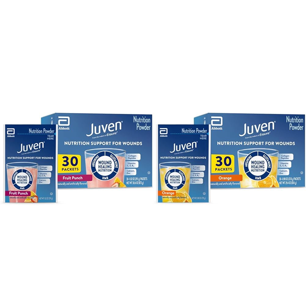 Juven Tedavi Beslenmesi Yara İyileştirme Desteği için Toz Mix, Collagen proteini, Orange 30 Count & Fruit Punch 30 Count, 60 Total Packets