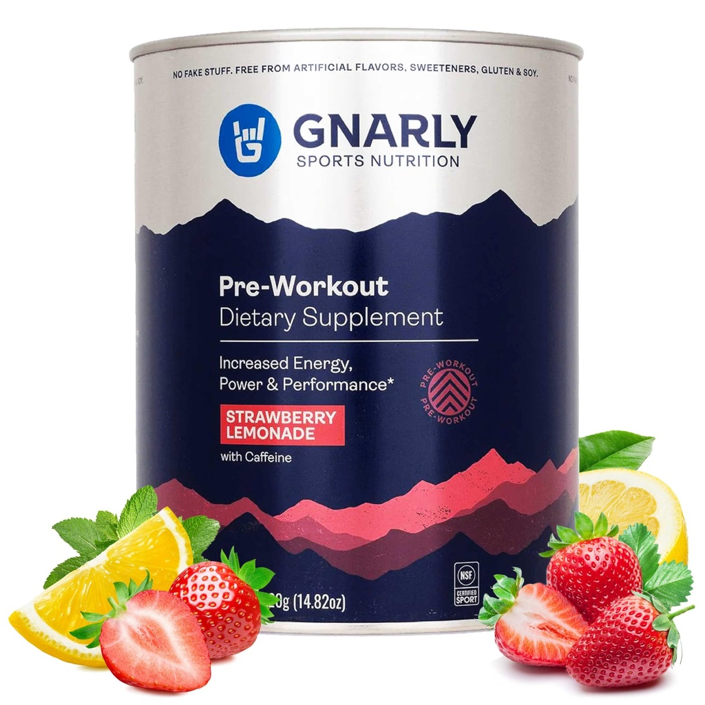 Gnarly Beslenme Doğal Pre-Workout Toz, Strawberry Lemonade – NSF Sport sertifikalı, Endurance & Recovery – Vegan Pre-Workout, Sports Nutrition – Strawberry Lemonade with Caffeine, 14.82 oz