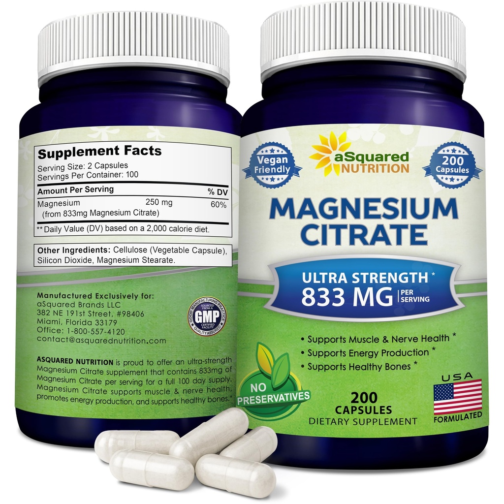 ASquared Beslenme Magnezyum Citrate 833 mg Supplement - 200 Capsules - Max Strength Vegan Magitrate Toz Pills Kasların Saf Fonksiyonlarını Desteklemek için Toz Pilleri - Enerji ve Kemikleri Arttırmak Yardımlar
