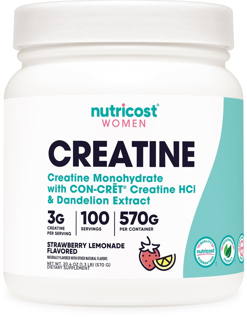 Nutricost Kretine Monohidrat Toz for Women, Micronized, Strawberry Lemonade, 100 Hizmet - Vejetaryen, Non-GMO, Gluten Free
