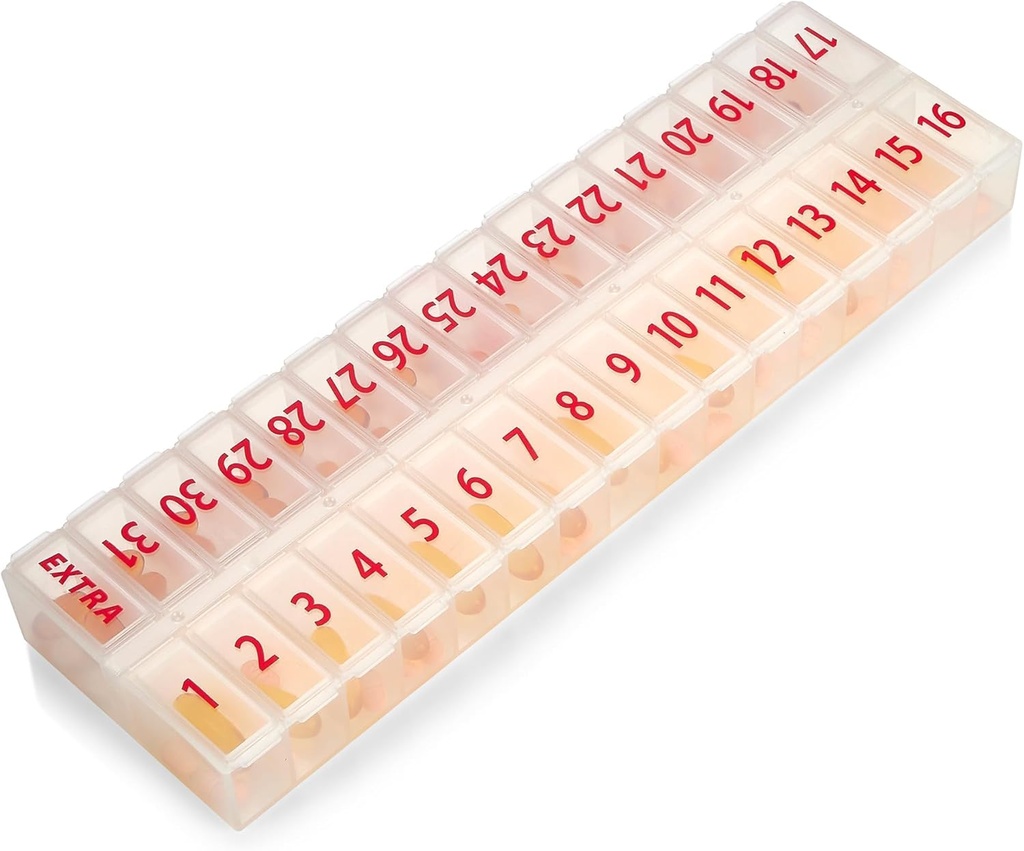 Büyük Pill Organizer Aylık 32 Karşılaştırma - 30 Günlük Pill Organizer 1 Time A Day, İlaçlar için Büyük Karşılaştırmalı Kutu, Kolay Yüklülükler için Yeniden Satın Alma Lid, Vitaminler, Clear