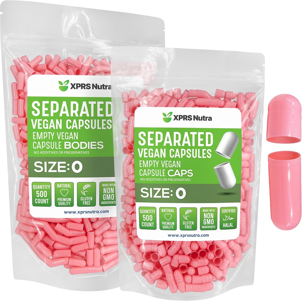 XPRS Nutra Vegan Boyutu 0 Ayrılı Kapsüller - 500 Kont Premium Boş Kapsüller Çantada Ayrıştı - Pills 0 DIY Supplement (Pink) için Boş