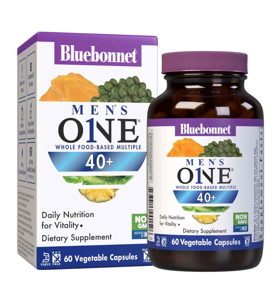 Bluebonnet Beslenme Erkekleri' ONE 40+ Tüm Gıda bazlı Multivitamin Erkekler 40+, Soy-Free, Non-GMO, Gluten Free, Kosher, 60 Sebze Kapsülleri, 60 Hizmet