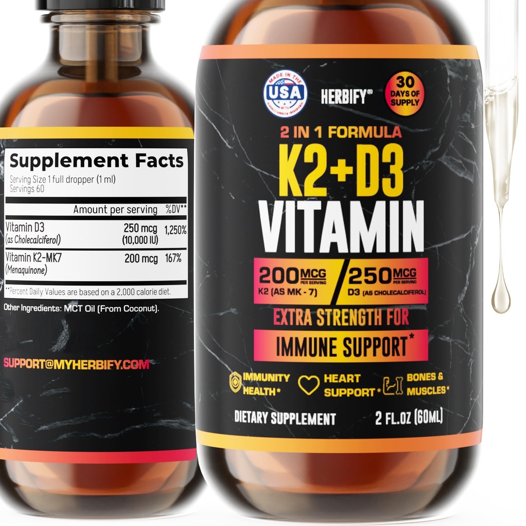 D3 K2 Drops - Kadınlar için Sıvı Vitaminler, Erkekler ve Teen - Bone Strength Supplements - Immune Support & Heart Health - Vitamin D3 10000 Iu Liquid K2 Drops - 2 oz