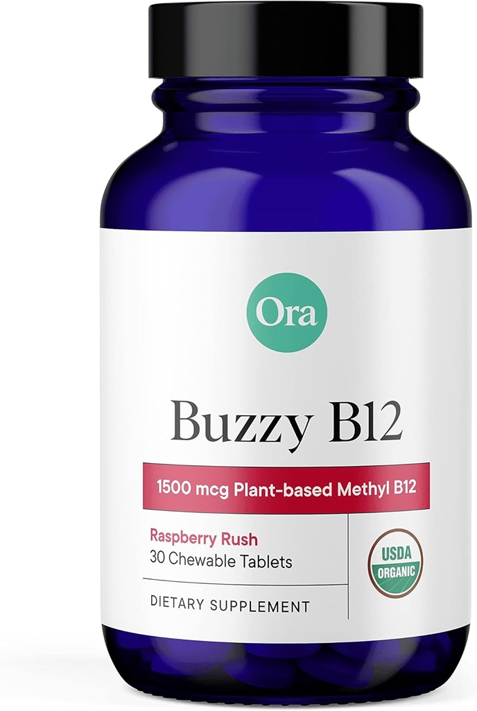 Ora Organik Vitamin B12 1500mcg - Plant-Based metilcobalamin for Yetişkinler - Natural Stimulant-Free Energy, Raspberry Flavor çiğnemek Tabletler, Eklenmemiş Şeker - 30 Tabletler