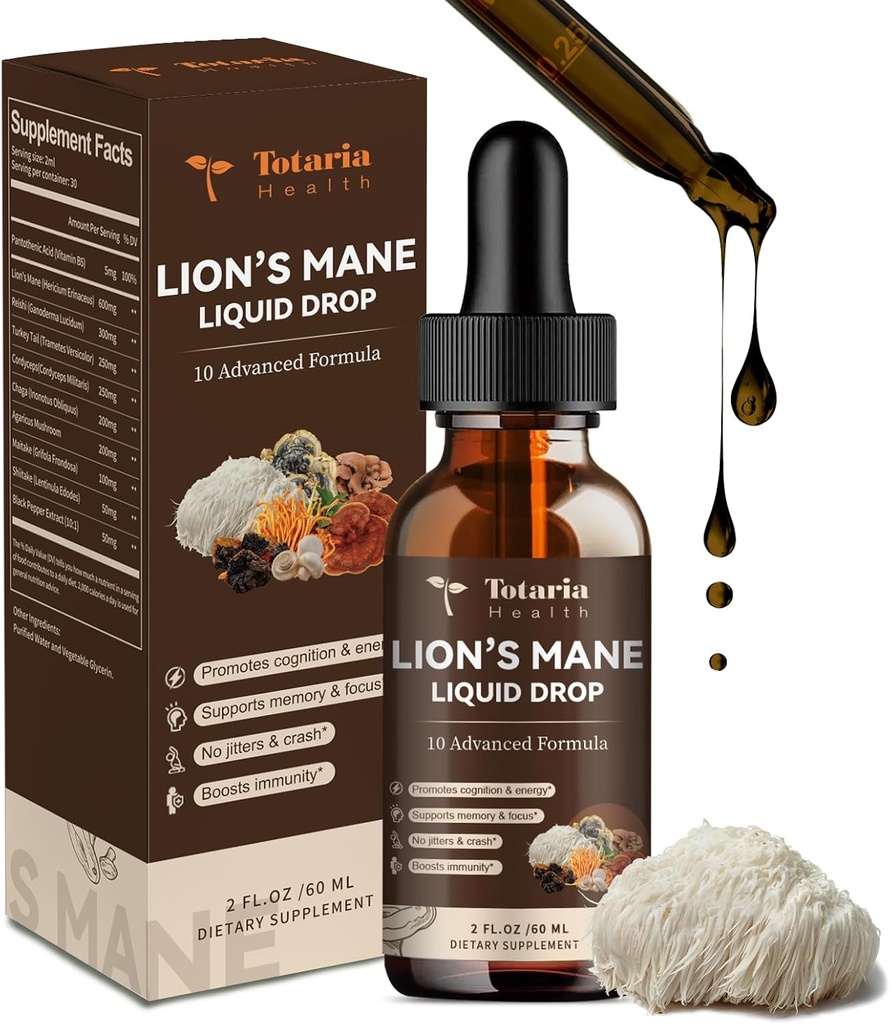 Lions Mane Supplement - Organik Lion's Mane Mushroom Supplement Extract Liquid Drops Toz - Beyin Desteği Immune Memory Focus Non-GMO, Gluten-Free, Vegan Natural Tincture Superfood