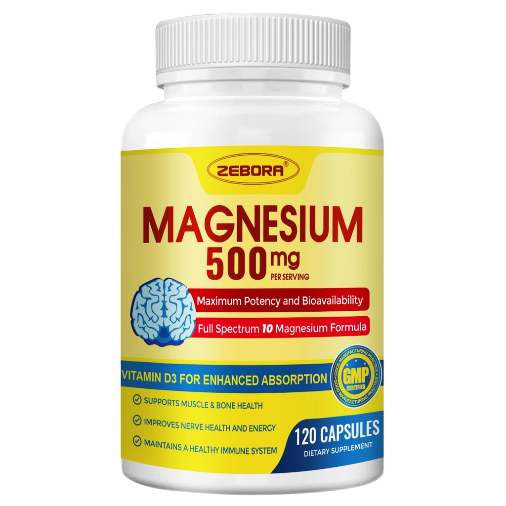 10in-1 Magnezyum Kompleksi Tamam, Magnezyum Glycinate 500 mg with Citrate & Malate, Chelated High Abxia Plus Vitamin D3 & Çinko - Nerve, Kas & Bone Support - 120 Capsules