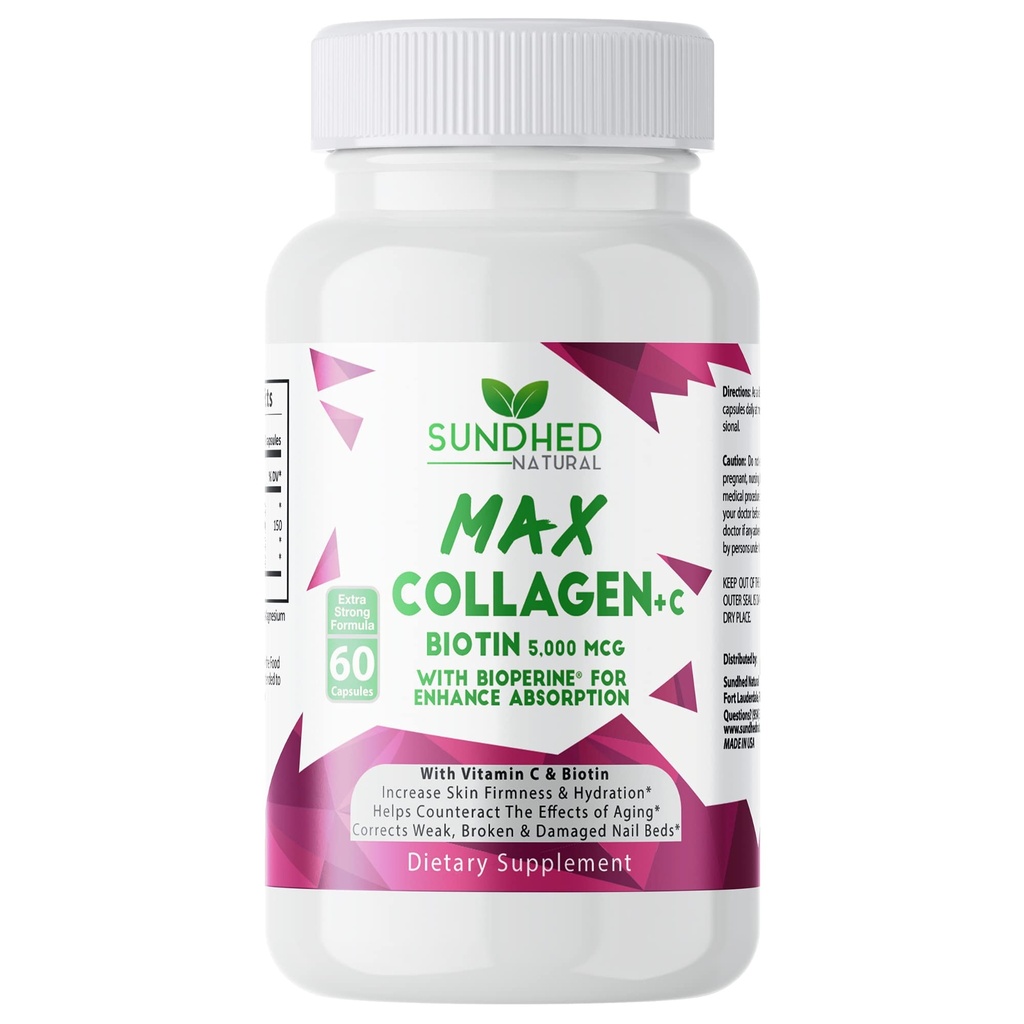 Max Collagen Plus C (60 kapak) - Biotin & Bioperine ile tüm Doğal Collagen Capsules Anti Aging Hydration & Skin Companyness - Collagen Pills Kemikleri Güçlendirmek için