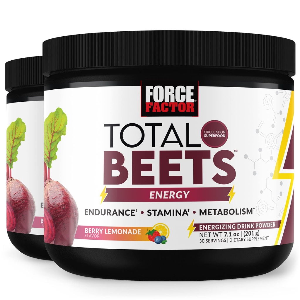 FORCE FACTOR Total Beets Energy Drink Mix 2Pack, Superfood Beet Root Toz, Nitrates to Boost Energy, Support Circulation, Blood Flow, Nitrik Oksit ve Stamina, Heart Health Supplement, 60 Hizmetler