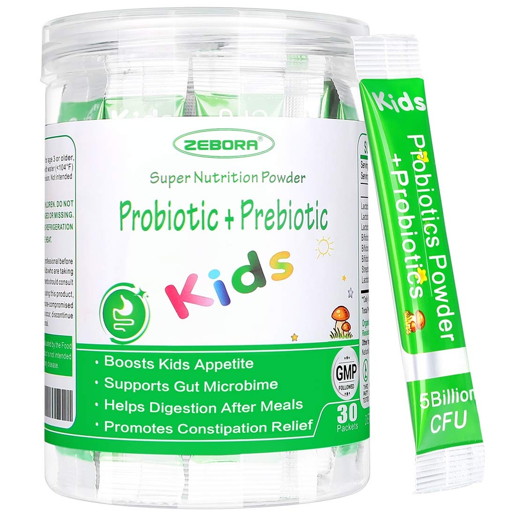 ZEBORA Kids Probiyotik & Prebiyotiks Toz Yaş 3+ Çocuk Digestive & Immune System with Natural Source, Supports Constipation Relief, Non-GMO, Gluten-Free, 30 Packets with 5 Milyar CFUs