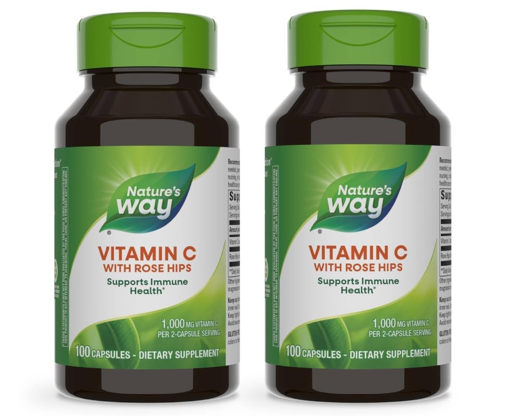 Nature's Way Vitamin C with Rose HIPS, Güçlü Antioksi & Immune Function Support from C*,Promotes Collagen for Health Skin*, 100 Capsules (Package May Vary) - 2 Pack
