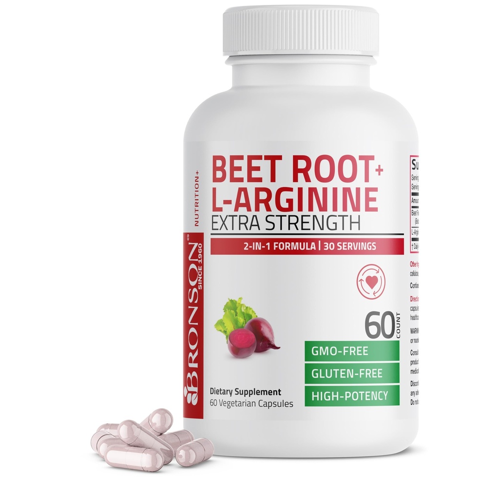 Bronson Beet Root + L-Arginine Nitric Oksit Prodüksiyon - Non-GMO, 60 Vegetarian Capsules