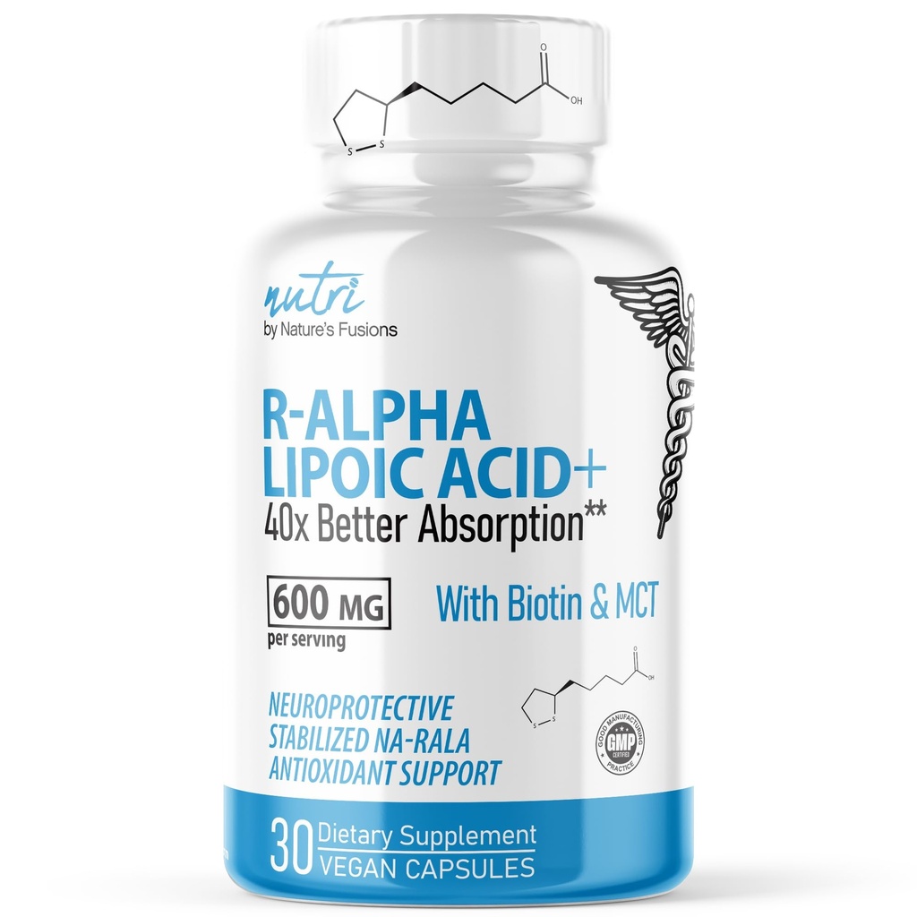 Nutri R Alpha Lipoic Acid 600 mg Capsules - R Lipoic Acid Biotin ile Stabilized - Active Form of R-ALA - 600 mg Klinik Dosage - Güçlü Hücreler Enerji Desteği - 30 Vegan Capsules - RALA