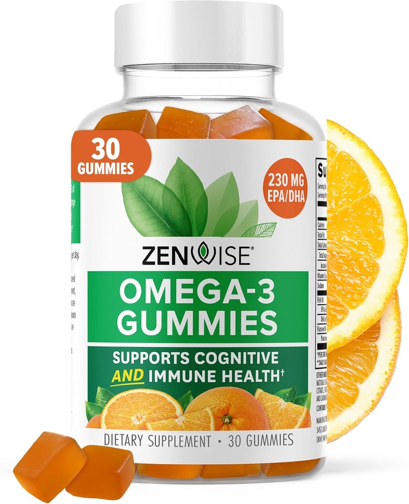 Zenwise Health Omega 3 Gummy Supplement - Burpless Omega 3 Supplement with DHA & EPA Fatty Acids for Immune Health - Sustainably Sourced Fish Oil, Flaxseed Oil & Vitamin E - 30 Gummies