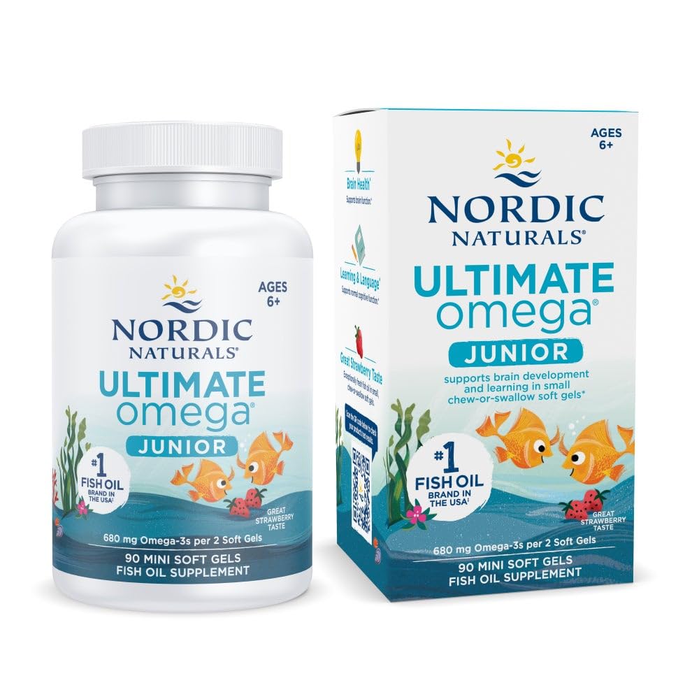 Kuzey Naturals Ultimate Omega Jr., Strawberry - 90 Mini Soft Gels - 680 EPA & DHA - Beyin Sağlığı, Mood, Öğrenme - GMO - 45 Hizmetler -