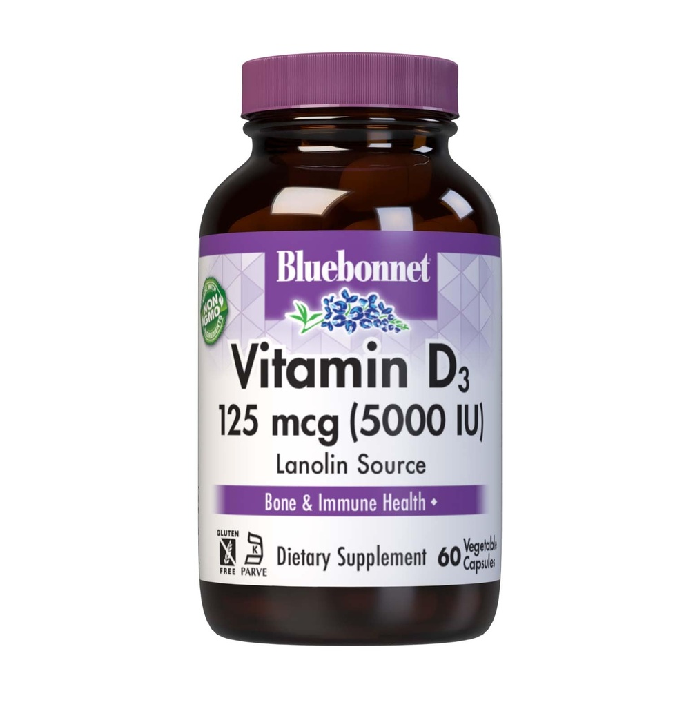 Bluebonnet Beslenme Vitamin D3 5000 IU Sebze Kapsülü, Kas & Skeletal Büyüme, Lanolin, D3, GMO, Gluten Free, Soy Free, Milk Free, Kosher, 60 Count